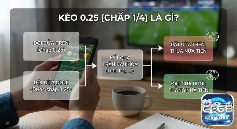 Kèo 0.25 là gì? Hướng dẫn đọc kèo chấp 1/4 chi tiết A-Z Hướng dẫn tính kèo 0.25 là gì: khi tỷ số hòa, người chọn cửa trên bị thua 50% tiền cược, trong khi cửa dưới chỉ thắng 50% số tiền đã đặt