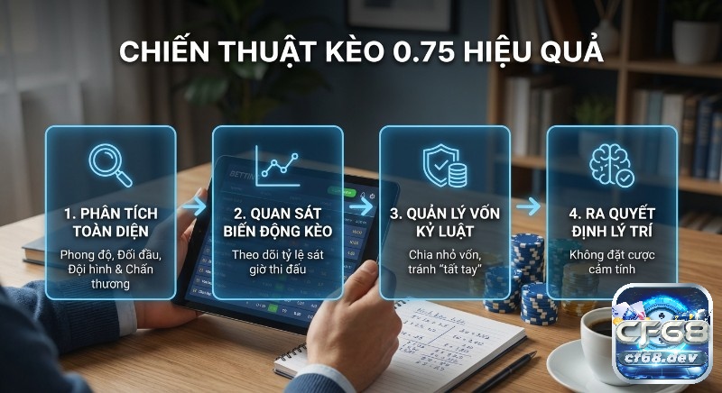 Kèo 0.75 là gì? Cách đọc, tính tiền và kinh nghiệm chơi hiệu quả Quy trình 4 bước chiến thuật chơi kèo 0.75 là gì hiệu quả: phân tích, quan sát biến động, quản lý vốn và ra quyết định lý trí