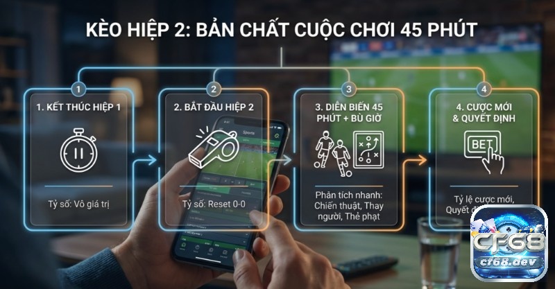 Kèo hiệp 2 là gì? Cách đọc kèo 45 phút cuối & Soi chuẩn xác Tổng quan quy trình Kèo hiệp 2 trong 45 phút: Từ tỷ số vô giá trị sau hiệp 1, reset 0-0 đến phân tích chiến thuật và đặt cược mới trong kèo hiệp 2 là gì