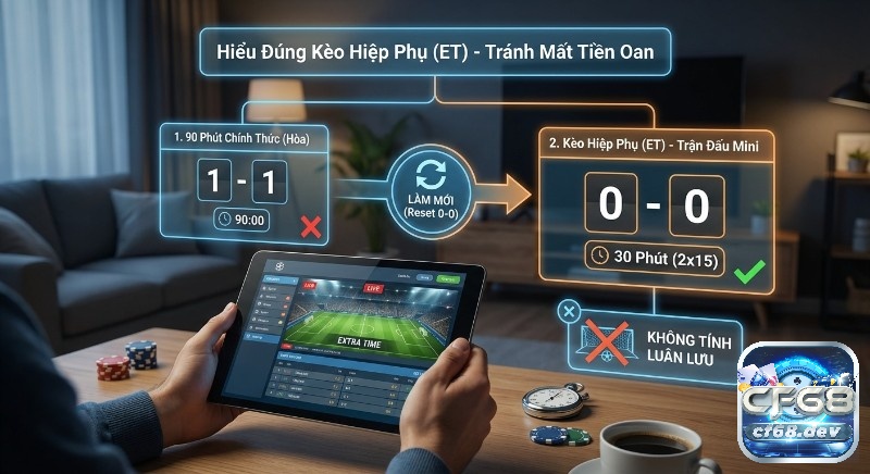 Kèo hiệp phụ (ET) là gì? Luật chơi & bí kíp thắng cược đỉnh cao Sơ đồ hướng dẫn hiểu đúng, kèo hiệp phụ (ET): reset 0-0 sau 90 phút, chỉ tính 30 phút, không tính luân lưu, tránh mất tiền oan