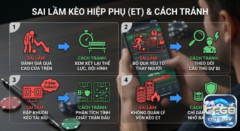 Kèo hiệp phụ (ET) là gì? Luật chơi & bí kíp thắng cược đỉnh cao Infographic 4 sai lầm phổ biến khi chơi kèo hiệp phụ (ET) là gì và cách tránh thông minh từ đánh giá thể lực đến quản lý bankroll