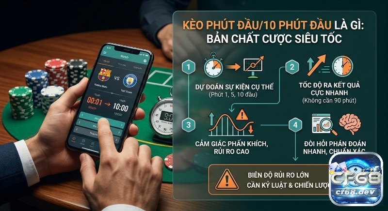 Kèo phút đầu/10 phút đầu là gì? Giải mã A-Z, bí quyết thắng lớn Kèo phút đầu/10 phút đầu là gì, cược siêu tốc: dự đoán sự kiện cụ thể, kết quả cực nhanh, rủi ro cao, cần phán đoán và chiến lược rõ ràng