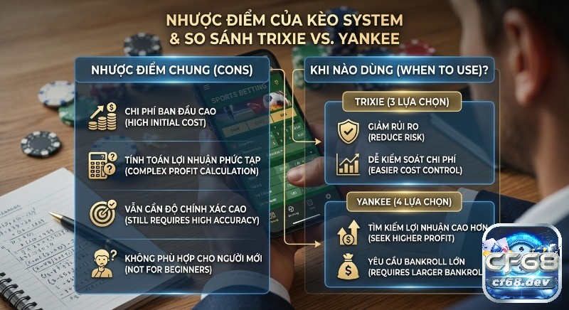 Kèo System (Trixie/Yankee) là gì? Chơi thắng lớn từ A-Z Bảng tổng hợp nhược điểm kèo System, chi phí cao, phức tạp và hướng dẫn chọn Trixie (giảm rủi ro) hay Yankee (lợi nhuận lớn) cho cá cược