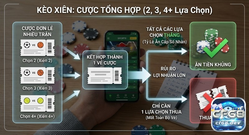 Kèo xiên 2-3-4 là gì? Cách tính và mẹo chơi thắng lớn Quy trình cược tổng hợp kèo xiên (Parlay bet) 2, 3, 4+ lựa chọn, minh họa điều kiện thắng lớn và rủi ro thua toàn bộ vé cược