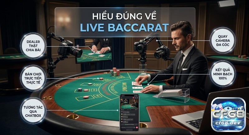 Live Baccarat là gì? Hướng dẫn chơi & mẹo thắng lớn uy tín Tổng quan các đặc điểm, Live baccarat là gì: dealer thật, bàn chơi trực tiếp, camera đa góc, kết quả minh bạch 100%