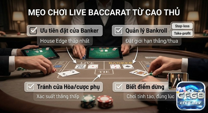 Live Baccarat là gì? Hướng dẫn chơi & mẹo thắng lớn uy tín Checklist mẹo chơi Live baccarat là gì từ cao thủ: ưu tiên Banker House Edge thấp, quản lý bankroll và tránh cửa Hòa rủi ro cao