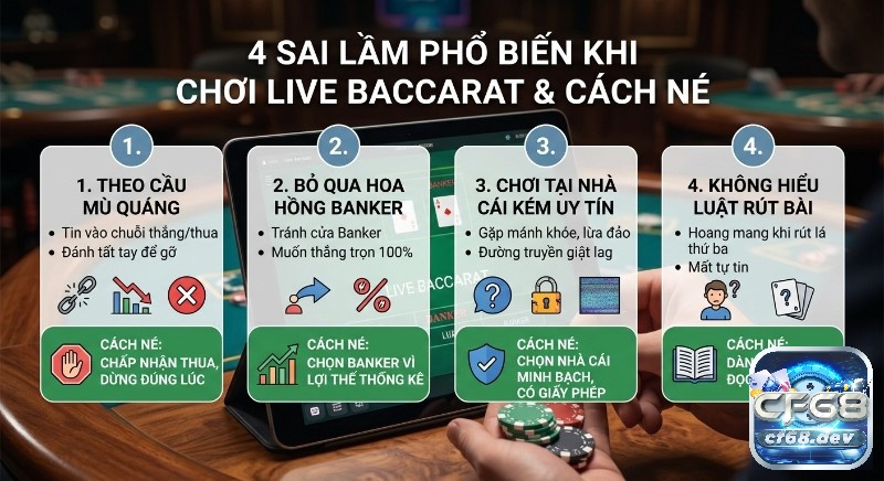 Live Baccarat là gì? Hướng dẫn chơi & mẹo thắng lớn uy tín Checklist 4 sai lầm phổ biến khi chơi Live baccarat là gì và cách né thông minh: chấp nhận thua, chọn nhà cái uy tín để bảo vệ vốn