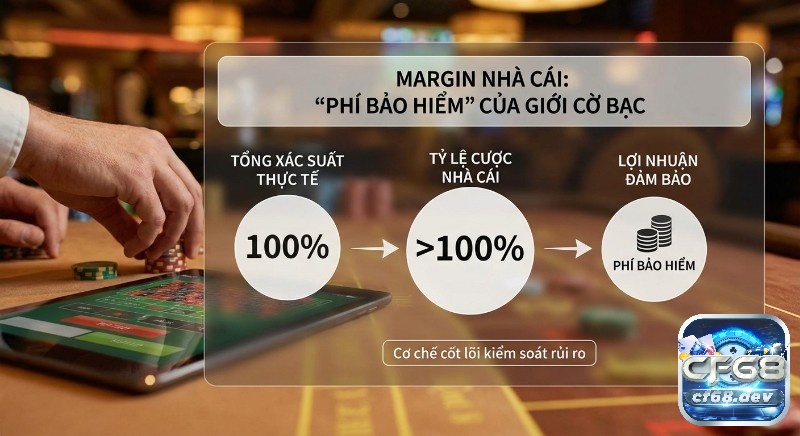 Margin nhà cái là gì? Giải mã bí mật, cách tính chuẩn xác 2026 Sơ đồ minh họa Margin nhà cái, là phí bảo hiểm, từ xác suất thực tế 100% đến tỷ lệ cược nhà cái >100% để đảm bảo lợi nhuận và kiểm soát rủi ro