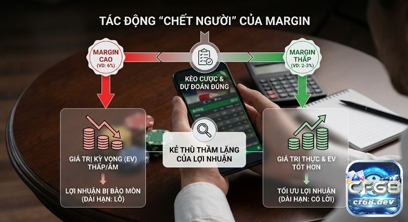 Margin nhà cái là gì? Giải mã bí mật, cách tính chuẩn xác 2026 Sơ đồ phân tích tác động của margin nhà cái là gì lên túi tiền cược thủ: Margin 6% gây lỗ, 2-3% tối ưu lợi nhuận dài hạn