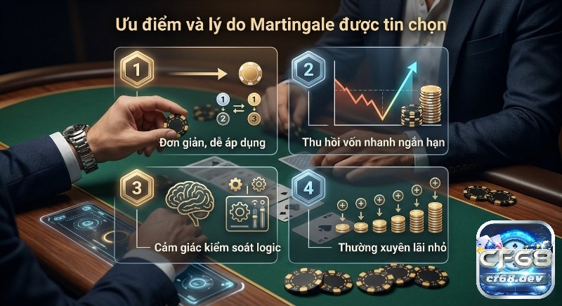 Martingale trong Baccarat là gì? Giải mã chiến thuật đỉnh cao Giải thích 4 lý do hệ thống Martingale được nhiều người tin chọn: đơn giản, thu hồi vốn nhanh, cảm giác kiểm soát, lãi nhỏ đều