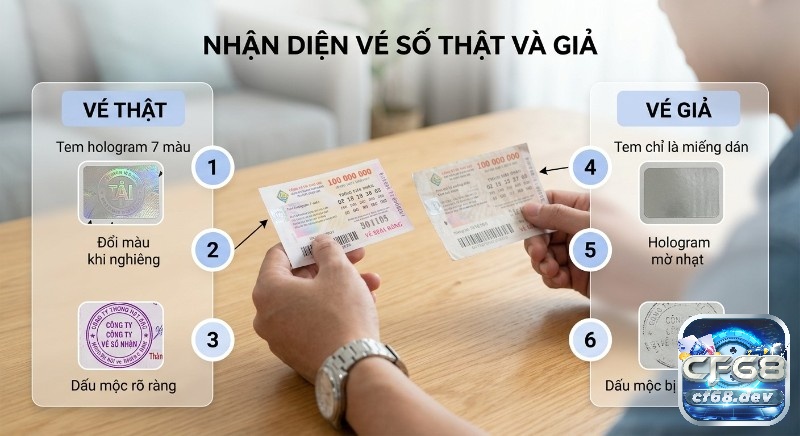 Phân biệt vé số thật – giả chính xác nhất: Mẹo kiểm tra dễ dàng Bảng hướng dẫn phân biệt vé số thật – giả: tem hologram 7 màu đổi màu, dấu mộc rõ nét trên vé thật và tem mờ, mộc nhòe trên vé giả