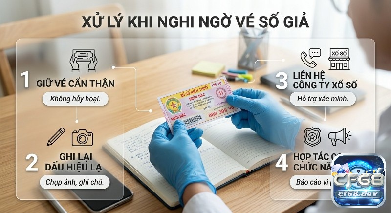Phân biệt vé số thật – giả chính xác nhất: Mẹo kiểm tra dễ dàng Quy trình 4 bước xử lý khi nghi ngờ vé số giả: bảo quản, ghi nhận, liên hệ công ty xổ số và báo cáo vi phạm.