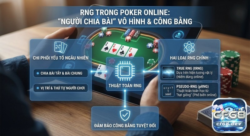 RNG là gì trong online poker? Giải mã thuật toán ngẫu nhiên Tổng quan khái niệm RNG là gì trong online poker, giải thích cơ chế chi phối bài và vị trí, cùng 2 loại tRNG/pRNG đảm bảo công bằng