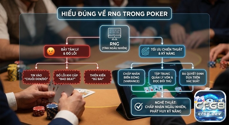 RNG là gì trong online poker? Giải mã thuật toán ngẫu nhiên Sơ đồ khái niệm về RNG trong Poker, đối chiếu bẫy tâm lý như tin vào "chuỗi đen/đỏ" với tối ưu kỹ năng và quản lý vốn