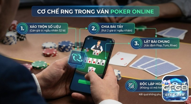 RNG là gì trong online poker? Giải mã thuật toán ngẫu nhiên Sơ đồ vận hành cơ chế RNG trong Poker online: 3 bước xáo trộn, chia bài, lật bài chung, đảm bảo ngẫu nhiên và độc lập