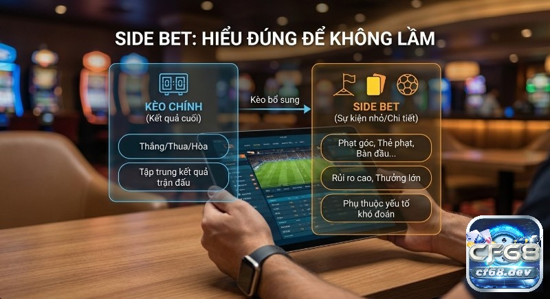 Side bet nào rủi ro nhất? Mẹo chơi hiệu quả, tăng tỷ lệ thắng Tổng quan phân biệt Kèo chính và Side bet, giúp người chơi hiểu đúng đặc điểm, rủi ro và phần thưởng chi tiết từng loại