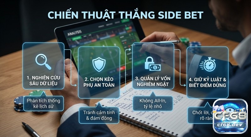 Side bet nào rủi ro nhất? Mẹo chơi hiệu quả, tăng tỷ lệ thắng Chiến lược 4 bước thực chiến thắng Side Bet: nghiên cứu dữ liệu, chọn kèo an toàn, quản lý vốn, giữ kỷ luật