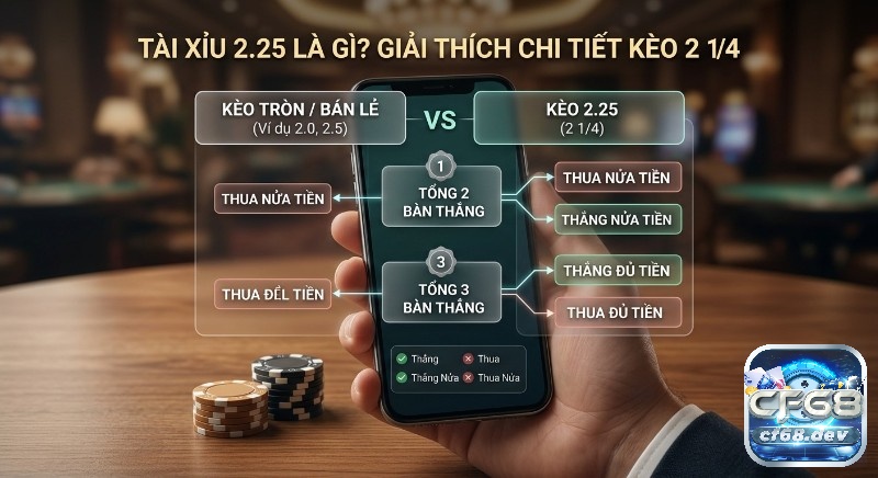 Tài xỉu 2.25 là gì? Giải mã kèo và mẹo chơi uy tín, dễ thắng nhất Bảng hướng dẫn luật chơi kèo Tài xỉu 2.25 là gì cho tổng số bàn thắng 2 hoặc 3, chỉ rõ thắng/thua nửa hay đủ tiền