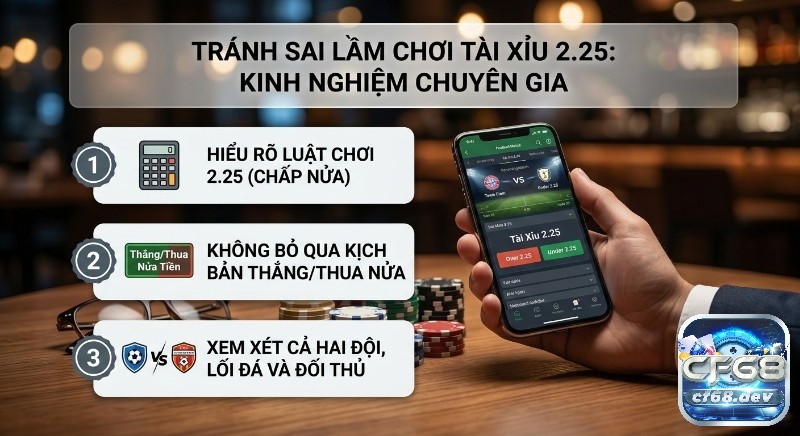 Tài xỉu 2.25 là gì? Giải mã kèo và mẹo chơi uy tín, dễ thắng nhất Kinh nghiệm 3 bước tránh sai lầm chơi Tài xỉu 2.25 là gì, tập trung hiểu luật, kịch bản thắng/thua nửa tiền và phân tích đối thủ