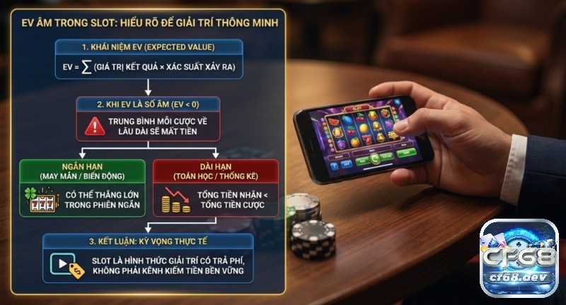 Vì sao slot có EV âm? Giải thích RTP, House Edge chuẩn xác Sơ đồ giải thích EV âm trong slot, cho thấy trung bình mỗi cược về lâu dài sẽ mất tiền, giúp slot thủ đặt kỳ vọng thực tế trong vì sao slot có EV âm