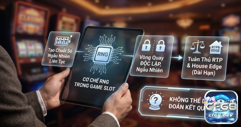 Vì sao slot có EV âm? Giải thích RTP, House Edge chuẩn xác Giải thích cơ chế RNG trong game slot, từ việc tạo chuỗi số ngẫu nhiên liên tục đến tuân thủ RTP, House Edge và kết quả không thể đoán