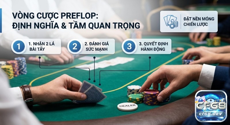 Vòng cược Preflop là gì? Hướng dẫn chơi - Chiến thuật thắng Quy trình vòng cược preflop là gì, 3 bước cốt lõi từ nhận bài tẩy, đánh giá đến quyết định, đặt nền móng chiến lược vững chắc
