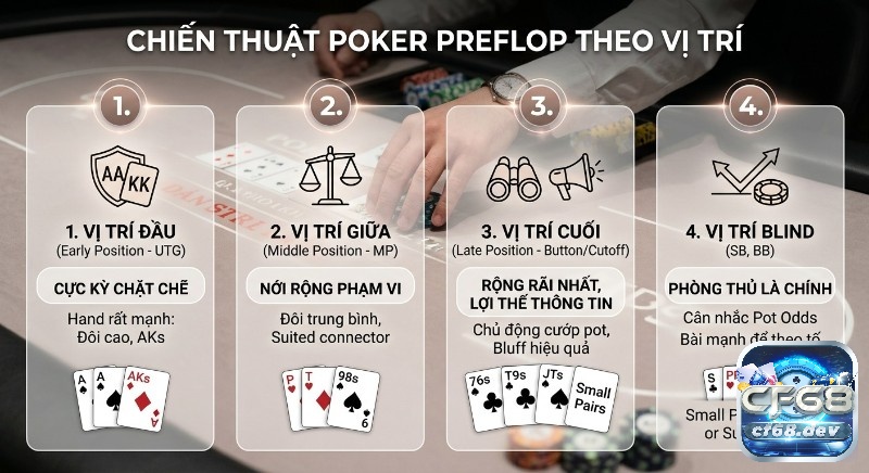 Vòng cược Preflop là gì? Hướng dẫn chơi - Chiến thuật thắng Bảng chiến thuật Poker, vòng cược preflop là gì theo vị trí, hướng dẫn phạm vi bài và cách chơi hiệu quả cho Early, Middle, Late, Blind