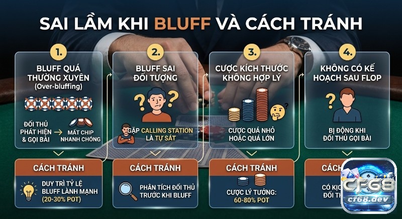 Cách bluff trong poker: Bí quyết từ cao thủ giúp bạn dễ thắng Tổng quan 4 sai lầm chết người khi bluff trong poker và cách tránh, kèm lời khuyên duy trì tỷ lệ 20-30% cùng cược 60-80% pot