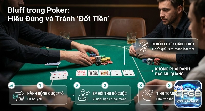 Cách bluff trong poker: Bí quyết từ cao thủ giúp bạn dễ thắng Quy trình 3 bước chiến lược bluff trong Poker: hành động cược/tố khi bài yếu, ép đối thủ bỏ cuộc và tính toán xác suất