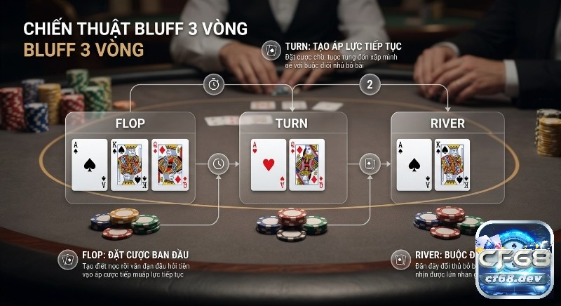Cách bluff trong poker: Bí quyết từ cao thủ giúp bạn dễ thắng Quy trình thực hiện chiến thuật Triple barrel bluff 3 vòng, từ Flop đến River, là ví dụ điển hình của cách bluff trong poker nâng cao.