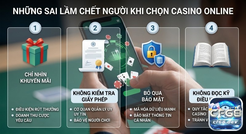 Cách chọn casino trực tuyến uy tín nhất – An toàn, thưởng lớn Checklist 4 sai lầm chết người khi chọn casino online: chỉ nhìn khuyến mãi, không kiểm tra giấy phép, bỏ qua bảo mật và điều khoản