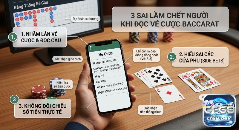 Cách đọc vé cược Baccarat: Hướng dẫn chi tiết cho người mới Checklist 3 sai lầm chết người trong, cách đọc vé cược baccarat: nhầm lẫn vé cược, sai cửa phụ, không đối chiếu tiền thực tế