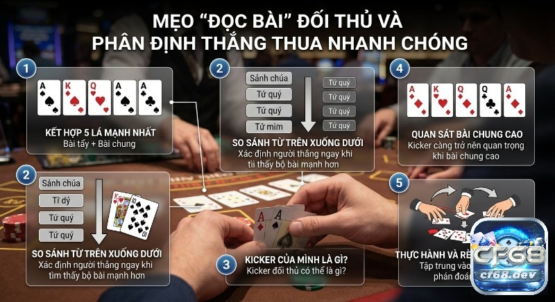 Cách phân định thắng thua Poker - Hướng dẫn chi tiết, dễ hiểu Quy trình 5 bước đọc bài đối thủ, phân định thắng thua nhanh chóng, tập trung so sánh bài và kicker