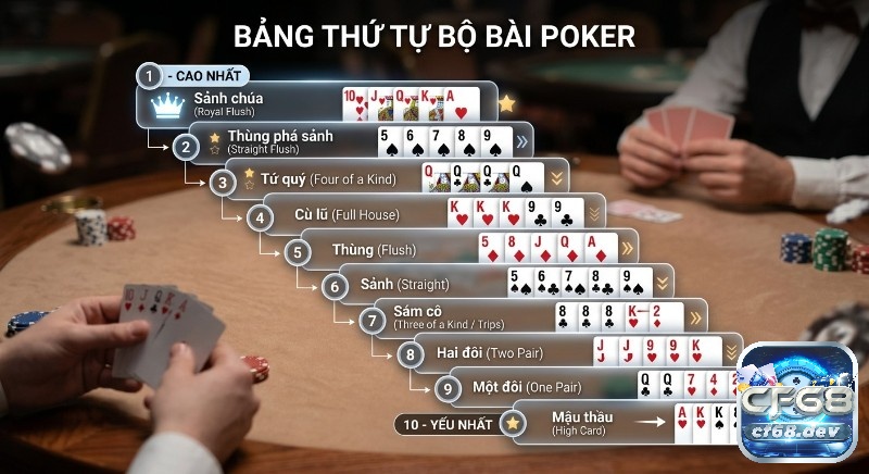 Cách phân định thắng thua Poker - Hướng dẫn chi tiết, dễ hiểu Danh sách thứ hạng các tay bài Poker, sắp xếp theo 10 cấp độ, từ Sảnh chúa mạnh nhất đến Mậu thầu yếu nhất