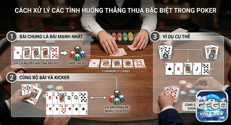 Cách phân định thắng thua Poker - Hướng dẫn chi tiết, dễ hiểu Hướng dẫn 3 tình huống cách phân định thắng thua poker đặc biệt: bài chung mạnh nhất, cùng bộ bài và kicker đều chia pot
