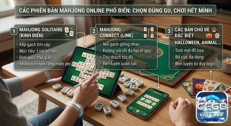Bài mahjong online miễn phí: Giải trí mượt mà, không cần tải Tổng quan 3 phiên bản bài mahjong online phổ biến: Solitaire, Connect, chủ đề, giúp bạn chọn gu chơi và rèn luyện tư duy logic