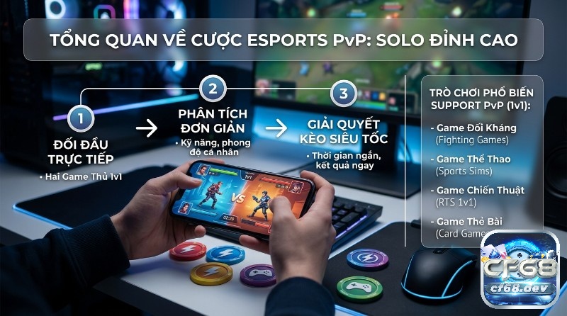 Cược eSports player vs player: Trải nghiệm giải trí siêu tốc Tổng quan cược eSports player vs player PvP solo đỉnh cao, quy trình 3 bước: 1v1, phân tích kỹ năng cá nhân, chốt kèo siêu tốc