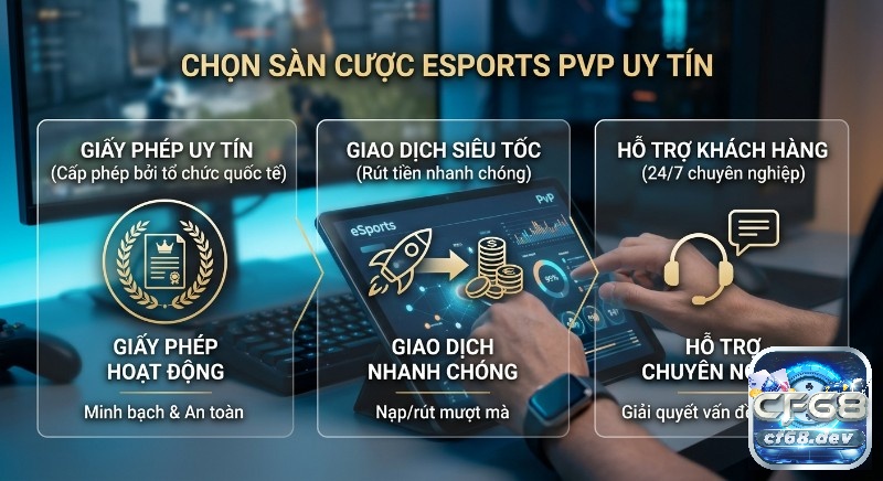 Cược eSports player vs player: Trải nghiệm giải trí siêu tốc Checklist chọn sàn cược eSports player vs player uy tín với 3 tiêu chí: giấy phép, giao dịch siêu tốc, hỗ trợ khách hàng