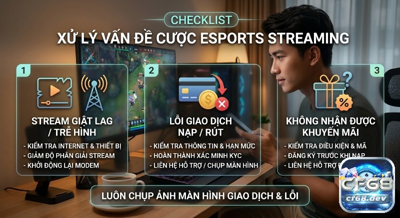 Cược eSports streaming 2026: Xem trực tiếp & nhận khuyến mãi Checklist 3 bước khắc phục sự cố cược eSports streaming, từ giật lag, lỗi giao dịch đến thiếu khuyến mãi, nhớ chụp màn hình
