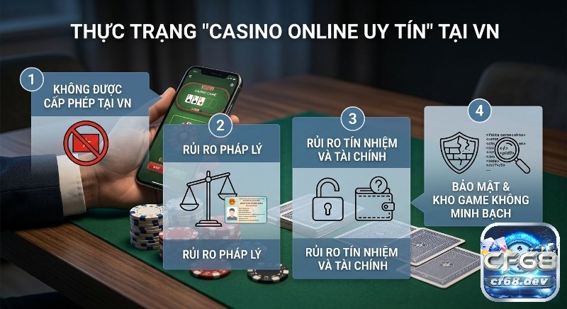 Điều kiện tham gia casino ở Việt Nam - Nhận ngay 200k Tổng quan thực trạng casino online tự xưng uy tín tại VN và 4 rủi ro: không cấp phép, pháp lý, tín nhiệm, tài chính, bảo mật