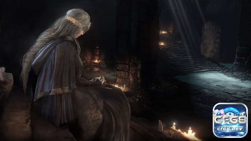 Game Dark Souls III: Sự sụp đổ của các Chúa tể tàn tro Fire Keeper đứng cạnh lò lửa trung tâm với khung cảnh tối và yên lặng bao quanh
