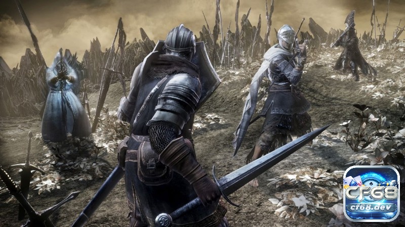 Game Dark Souls III: Sự sụp đổ của các Chúa tể tàn tro Cảnh chiến đấu trong game Dark Souls III giữa hiệp sĩ và quái vật ở không gian u tối