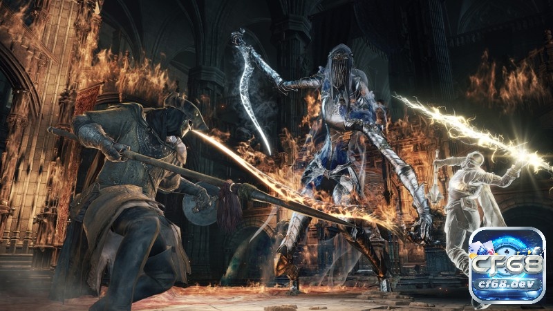Game Dark Souls III: Sự sụp đổ của các Chúa tể tàn tro Boss khổng lồ đối đầu nhân vật chính giữa khoảng sân rộng phủ tro và tàn tích