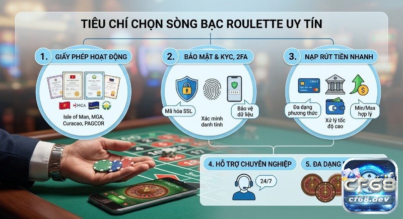 Hướng dẫn chơi Roulette Online: Mẹo & chiến thuật thắng lớn Checklist 5 tiêu chí hàng đầu, để chọn sòng bạc Roulette online uy tín: giấy phép, bảo mật, giao dịch nhanh, hỗ trợ chuyên nghiệp và bàn chơi đa dạng