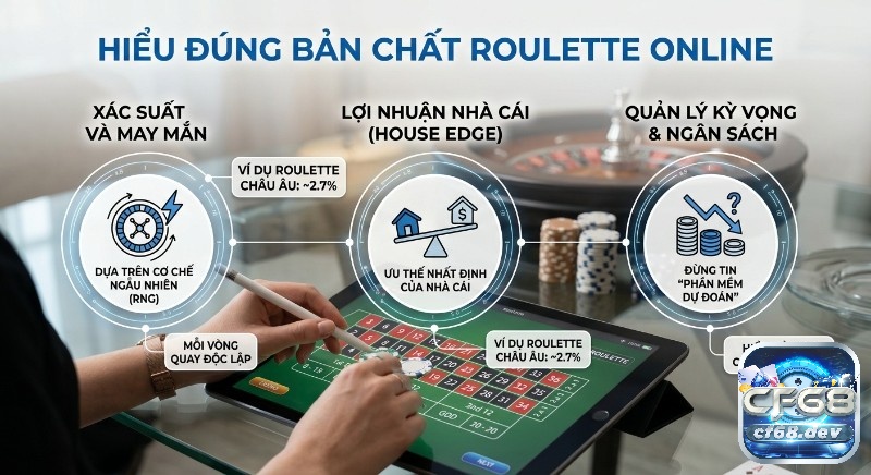Hướng dẫn chơi Roulette Online: Mẹo & chiến thuật thắng lớn Hướng dẫn chơi roulette online với 3 nguyên tắc: xác suất RNG, House Edge 2.7% và quản lý ngân sách
