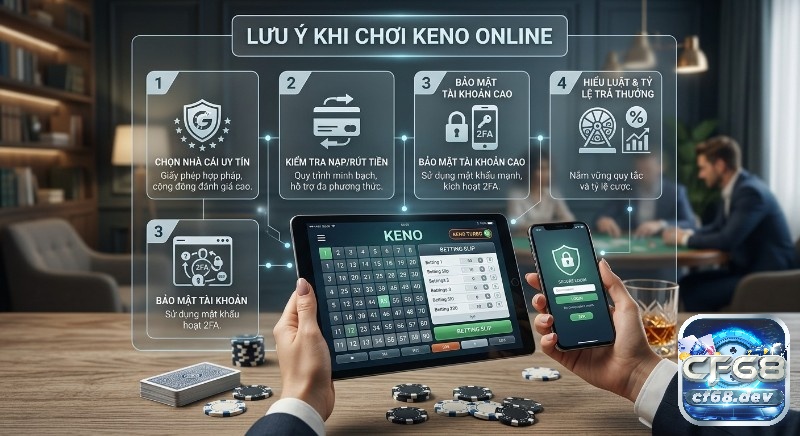 Keno là gì? Cách chơi Keno siêu tốc, dễ trúng, thưởng hấp dẫn Checklist 4 điều cần lưu ý khi chơi Keno online: chọn nhà cái uy tín, kiểm tra nạp/rút, bảo mật 2FA, hiểu luật và tỷ lệ cược