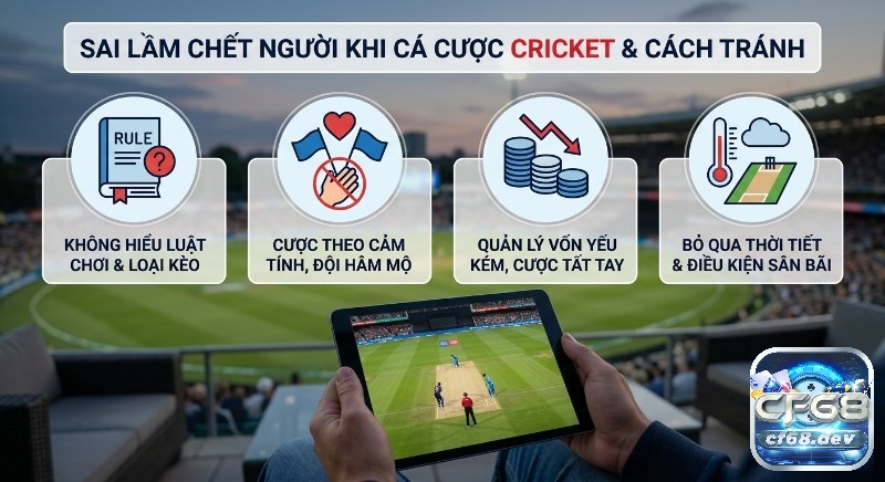 Kèo Cricket là gì? Hướng dẫn chơi, soi kèo chuẩn xác từ A-Z Checklist 4 sai lầm chết người cần tránh, khi cá cược kèo cricket là gì, không hiểu luật, cược cảm tính, quản lý vốn kém, bỏ qua thời tiết