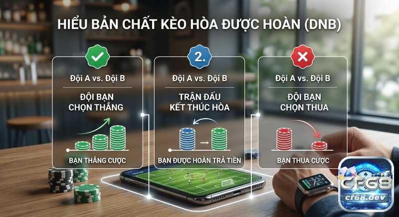 Kèo hòa được hoàn (DNB) là gì? Hướng dẫn chơi chuẩn xác Minh họa bản chất kèo hòa được hoàn (DNB) là gì với các kịch bản: thắng cược, hòa được hoàn tiền và thua cược
