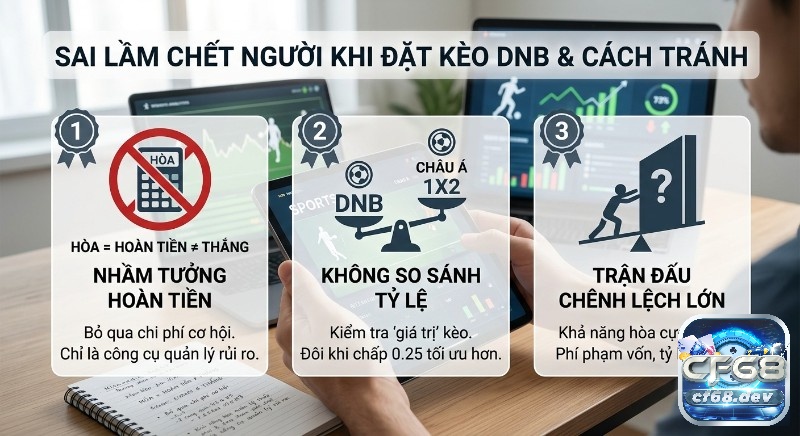 Kèo hòa được hoàn (DNB) là gì? Hướng dẫn chơi chuẩn xác Hướng dẫn tránh 3 sai lầm chết người, khi đặt kèo hòa được hoàn (DNB) là gì, hiểu sai hoàn tiền, không so sánh tỷ lệ và cược trận đấu chênh lệch lớn