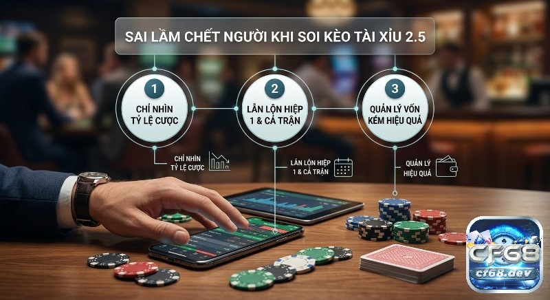 Kèo tài xỉu 2.5 là gì? Kinh nghiệm thắng lớn từ chuyên gia Tổng hợp 3 sai lầm chết người tân binh hay mắc khi soi kèo tài xỉu 2.5 là gì: nhìn tỷ lệ, nhầm kèo hiệp 1, quản lý vốn kém